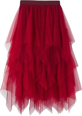 Women's Tulle Tutu A-line Midi Skirt Fairy Tiered Layered High Elastic Waist Ballet Prom Party Irregular Mesh Skirt in Saudi Arabia