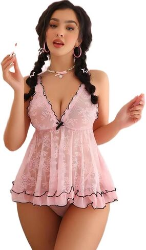 Sexy Lingerie Nightgown 2pcs/Set Romantic Lace Teddy Contrast Color Dress Tie-Up Sleepwear with Thong in Saudi Arabia