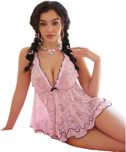 Sexy Lingerie Nightgown 2pcs/Set Romantic Lace Teddy Contrast Color Dress Tie-Up Sleepwear with Thong in Saudi Arabia