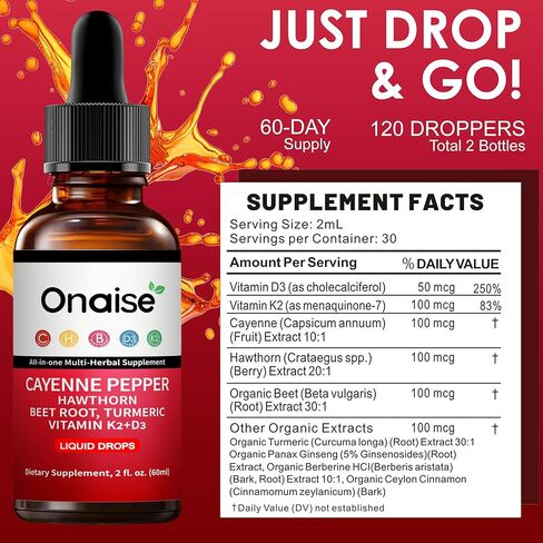 Cayenne Pepper Liquid Drops, Liquid Supplement with Organic Hawthorn, Beet Root Powder, Turmeric, Vitamins K2 & D3, Berberine Extract (1) in Saudi Arabia