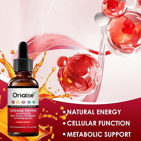 Cayenne Pepper Liquid Drops, Liquid Supplement with Organic Hawthorn, Beet Root Powder, Turmeric, Vitamins K2 & D3, Berberine Extract (1) in Saudi Arabia