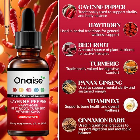 Cayenne Pepper Liquid Drops, Liquid Supplement with Organic Hawthorn, Beet Root Powder, Turmeric, Vitamins K2 & D3, Berberine Extract (1) in Saudi Arabia