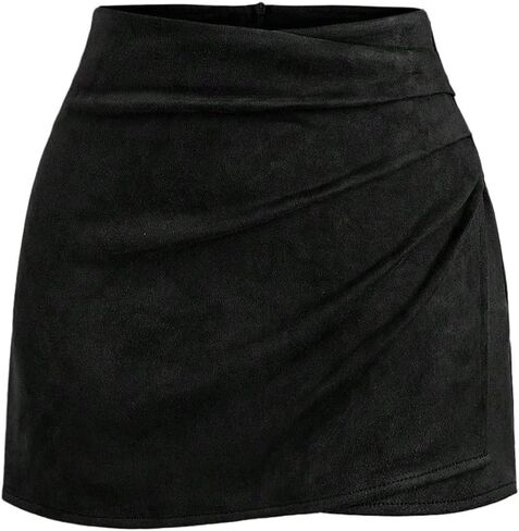 GORGLITTER المرأة من جلد الغزال Bodycon التنانير القصيرة الخريف التفاف عالية الخصر Ruched غير المتكافئة توليب قلم رصاص التنانير القصيرة in Kuwait