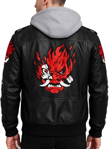 Cyborg Cyber Samurai Punk Cosplay Costume Bomber Leather Jacket with Removable Hood for Men in Saudi Arabia