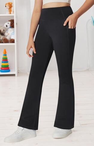 Girls Fleece Lined Flare Leggings with Pockets High Waisted Yoga Pants Winter Bell Bottom Thermal in Saudi Arabia
