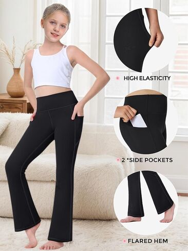 Girls Fleece Lined Flare Leggings with Pockets High Waisted Yoga Pants Winter Bell Bottom Thermal in Saudi Arabia