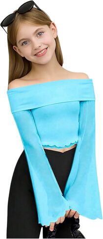 Girl's Off The Shoulder Tops Sheer Mesh Long Bell Sleeve Crop Top Elegant Fitted T Shirts in Saudi Arabia
