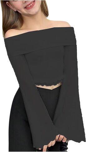 Girl's Off The Shoulder Tops Sheer Mesh Long Bell Sleeve Crop Top Elegant Fitted T Shirts in Saudi Arabia