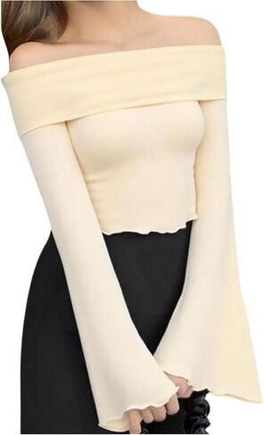 Girl's Off The Shoulder Tops Sheer Mesh Long Bell Sleeve Crop Top Elegant Fitted T Shirts in Saudi Arabia