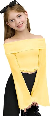 Girl's Off The Shoulder Tops Sheer Mesh Long Bell Sleeve Crop Top Elegant Fitted T Shirts in Saudi Arabia