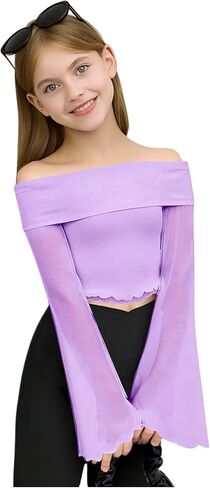 Girl's Off The Shoulder Tops Sheer Mesh Long Bell Sleeve Crop Top Elegant Fitted T Shirts in Saudi Arabia