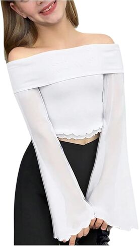 Girl's Off The Shoulder Tops Sheer Mesh Long Bell Sleeve Crop Top Elegant Fitted T Shirts in Kuwait
