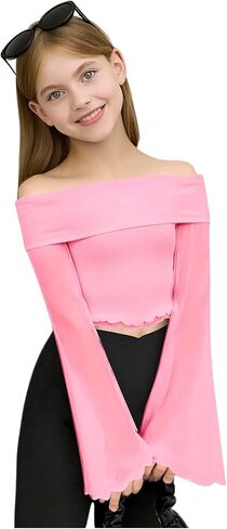 Girl's Off The Shoulder Tops Sheer Mesh Long Bell Sleeve Crop Top Elegant Fitted T Shirts in Saudi Arabia