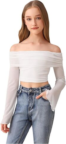 Girl's Off The Shoulder Tops Sheer Mesh Long Bell Sleeve Crop Top Elegant Fitted T Shirts in Saudi Arabia