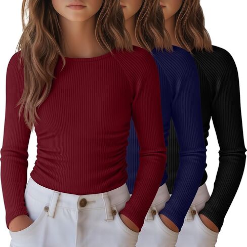 3 Pack Girls Long Sleeve Shirts Ribbed Knit Draw Pleats Tops Slim Fit Crew Neck Cotton Undershirts Cute Sizes 5-14 in Saudi Arabia