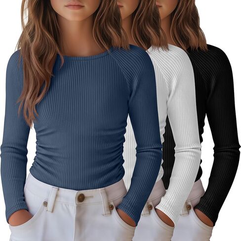 3 Pack Girls Long Sleeve Shirts Ribbed Knit Draw Pleats Tops Slim Fit Crew Neck Cotton Undershirts Cute Sizes 5-14 in Saudi Arabia