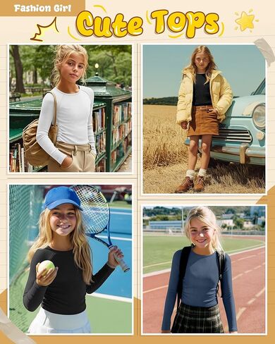 3 Pack Girls Long Sleeve Shirts Ribbed Knit Draw Pleats Tops Slim Fit Crew Neck Cotton Undershirts Cute Sizes 5-14 in Saudi Arabia