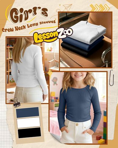 3 Pack Girls Long Sleeve Shirts Ribbed Knit Draw Pleats Tops Slim Fit Crew Neck Cotton Undershirts Cute Sizes 5-14 in Saudi Arabia