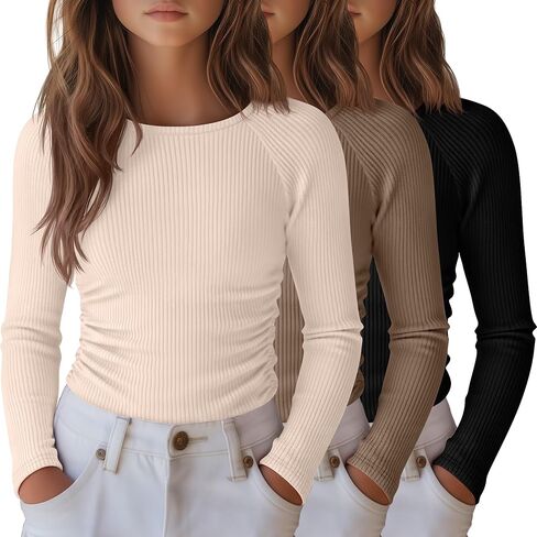 3 Pack Girls Long Sleeve Shirts Ribbed Knit Draw Pleats Tops Slim Fit Crew Neck Cotton Undershirts Cute Sizes 5-14 in Saudi Arabia