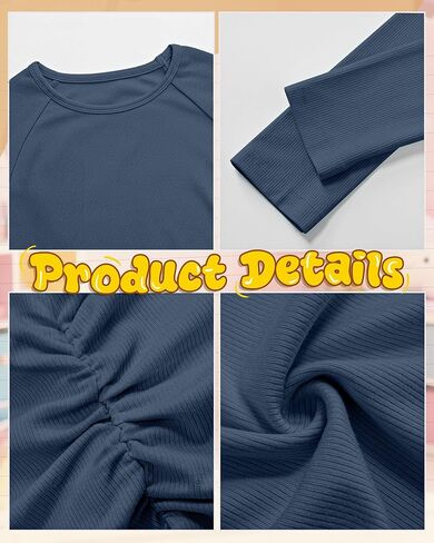 3 Pack Girls Long Sleeve Shirts Ribbed Knit Draw Pleats Tops Slim Fit Crew Neck Cotton Undershirts Cute Sizes 5-14 in Saudi Arabia