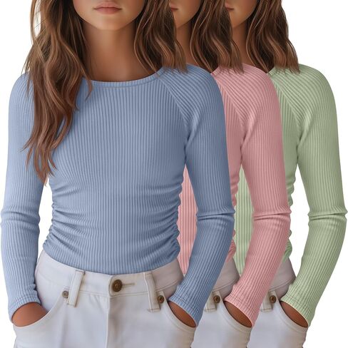 3 Pack Girls Long Sleeve Shirts Ribbed Knit Draw Pleats Tops Slim Fit Crew Neck Cotton Undershirts Cute Sizes 5-14 in Saudi Arabia