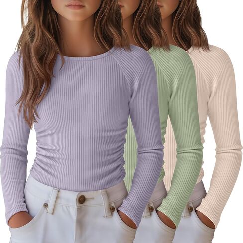 3 Pack Girls Long Sleeve Shirts Ribbed Knit Draw Pleats Tops Slim Fit Crew Neck Cotton Undershirts Cute Sizes 5-14 in Saudi Arabia