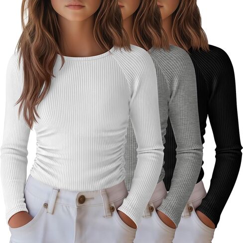3 Pack Girls Long Sleeve Shirts Ribbed Knit Draw Pleats Tops Slim Fit Crew Neck Cotton Undershirts Cute Sizes 5-14 in Saudi Arabia