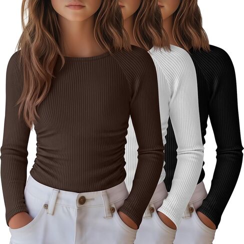 3 Pack Girls Long Sleeve Shirts Ribbed Knit Draw Pleats Tops Slim Fit Crew Neck Cotton Undershirts Cute Sizes 5-14 in Saudi Arabia