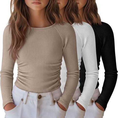 3 Pack Girls Long Sleeve Shirts Ribbed Knit Draw Pleats Tops Slim Fit Crew Neck Cotton Undershirts Cute Sizes 5-14 in Saudi Arabia