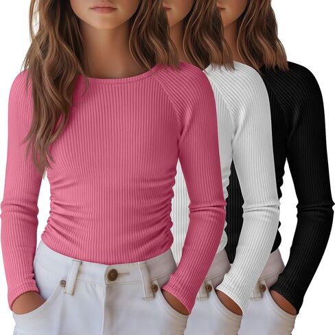3 Pack Girls Long Sleeve Shirts Ribbed Knit Draw Pleats Tops Slim Fit Crew Neck Cotton Undershirts Cute Sizes 5-14 in Saudi Arabia