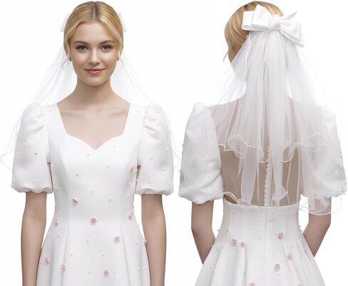 Bridal Veil Short 2 Tier with Bow Bachelorette Party Veil White Wedding Veil Party Decorations Women and Girls in Kuwait
