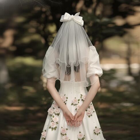 Bridal Veil Short 2 Tier with Bow Bachelorette Party Veil White Wedding Veil Party Decorations Women and Girls in Kuwait
