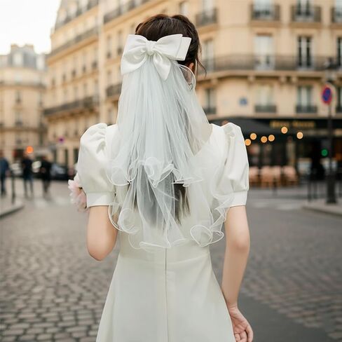 Bridal Veil Short 2 Tier with Bow Bachelorette Party Veil White Wedding Veil Party Decorations Women and Girls in Kuwait