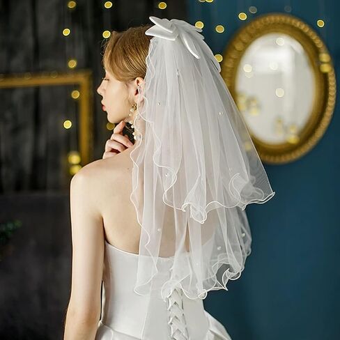 Bridal Veil Short 2 Tier with Bow Bachelorette Party Veil White Wedding Veil Party Decorations Women and Girls in Kuwait