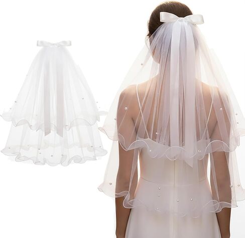 Bridal Veil Short 2 Tier with Bow Bachelorette Party Veil White Wedding Veil Party Decorations Women and Girls in Kuwait