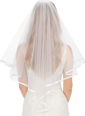 Short Wedding Veil Elegant White Satin Edge Classic Bridal Veil for Bride Photography Cosplay Halloween Waist Length Tulle Veils for Ceremony Engagement Photo Shoot Costume Party Occasions in Saudi Arabia