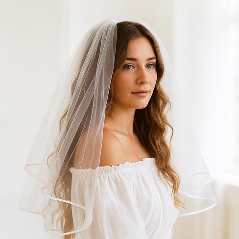Short Wedding Veil Elegant White Satin Edge Classic Bridal Veil for Bride Photography Cosplay Halloween Waist Length Tulle Veils for Ceremony Engagement Photo Shoot Costume Party Occasions in Saudi Arabia