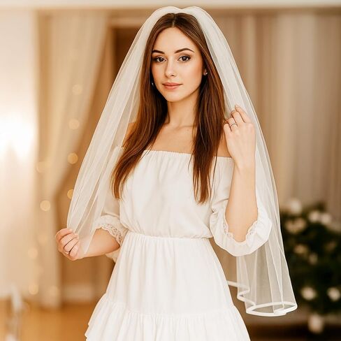 Short Wedding Veil Elegant White Satin Edge Classic Bridal Veil for Bride Photography Cosplay Halloween Waist Length Tulle Veils for Ceremony Engagement Photo Shoot Costume Party Occasions in Saudi Arabia