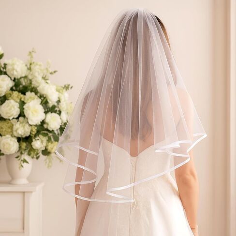 Short Wedding Veil Elegant White Satin Edge Classic Bridal Veil for Bride Photography Cosplay Halloween Waist Length Tulle Veils for Ceremony Engagement Photo Shoot Costume Party Occasions in Saudi Arabia