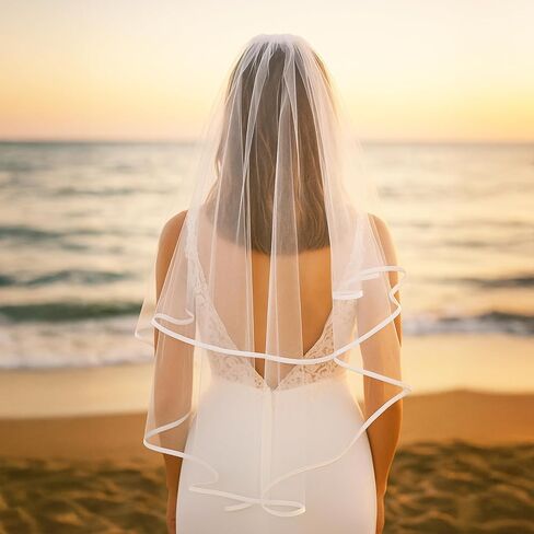 Short Wedding Veil Elegant White Satin Edge Classic Bridal Veil for Bride Photography Cosplay Halloween Waist Length Tulle Veils for Ceremony Engagement Photo Shoot Costume Party Occasions in Saudi Arabia