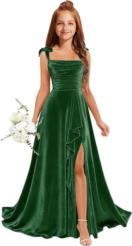 MRHUSH Junior Bridesmaid Dresses for Teen Girls Velvet Flower Girl Dress Ruffles Wedding Guest Spaghetti Straps Party Gowns in Kuwait