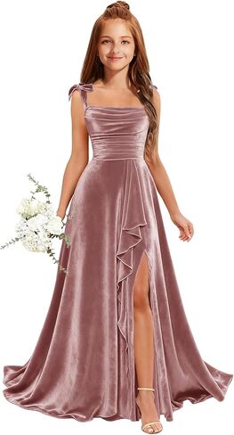 MRHUSH Junior Bridesmaid Dresses for Teen Girls Velvet Flower Girl Dress Ruffles Wedding Guest Spaghetti Straps Party Gowns in Kuwait