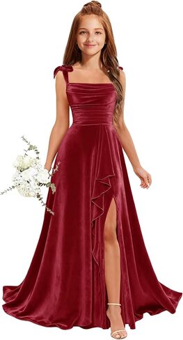 MRHUSH Junior Bridesmaid Dresses for Teen Girls Velvet Flower Girl Dress Ruffles Wedding Guest Spaghetti Straps Party Gowns in Kuwait