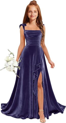 MRHUSH Junior Bridesmaid Dresses for Teen Girls Velvet Flower Girl Dress Ruffles Wedding Guest Spaghetti Straps Party Gowns in Kuwait