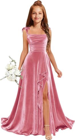 MRHUSH Junior Bridesmaid Dresses for Teen Girls Velvet Flower Girl Dress Ruffles Wedding Guest Spaghetti Straps Party Gowns in Kuwait