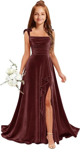 MRHUSH Junior Bridesmaid Dresses for Teen Girls Velvet Flower Girl Dress Ruffles Wedding Guest Spaghetti Straps Party Gowns in Kuwait