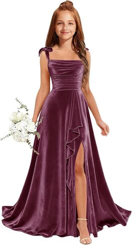 MRHUSH Junior Bridesmaid Dresses for Teen Girls Velvet Flower Girl Dress Ruffles Wedding Guest Spaghetti Straps Party Gowns in Kuwait