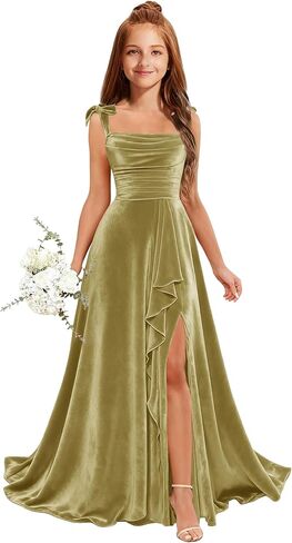 MRHUSH Junior Bridesmaid Dresses for Teen Girls Velvet Flower Girl Dress Ruffles Wedding Guest Spaghetti Straps Party Gowns in Kuwait