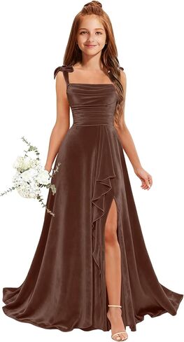 MRHUSH Junior Bridesmaid Dresses for Teen Girls Velvet Flower Girl Dress Ruffles Wedding Guest Spaghetti Straps Party Gowns in Kuwait