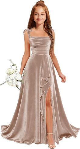 MRHUSH Junior Bridesmaid Dresses for Teen Girls Velvet Flower Girl Dress Ruffles Wedding Guest Spaghetti Straps Party Gowns in Kuwait